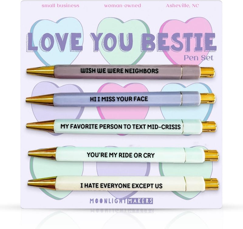 Moonlight Makers - Set of 5 Ballpoint Pens Black Ink - Engraved Funny Pens for Adults - Love You Bestie Appreciation Adult Gifts - Ideal Desk Decor for Work & Office Desk - Cute Packaging, Handy Clips - Image 1
